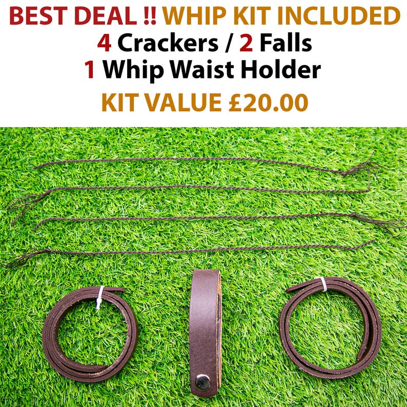 May include: A whip kit on a green background. The kit includes four braided crackers, two falls, and a brown leather whip waist holder. The text at the top reads "BEST DEAL !! WHIP KIT INCLUDED".