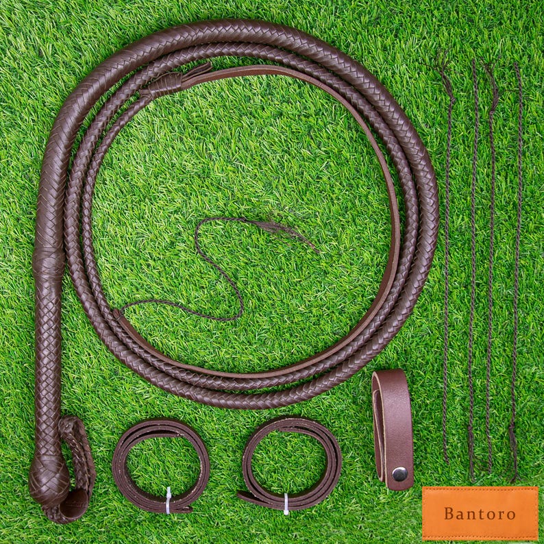 May include: A brown leather whip with a braided handle and a long, coiled lash. The image also shows several additional leather straps, a leather holder, and a small tag with the text "Bantoro". The items are arranged on a green surface.
