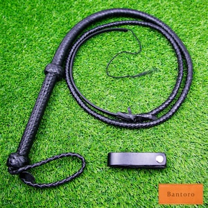 Black 6ft Leather Bullwhip – 12 Plait Braided Loud Cracking Whip for Horse Riding & Equestrian Training Durable, Flexible, Ergonomic Handle