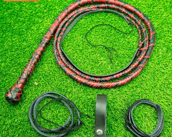 Handmade Red & Black Kangaroo Leather Bullwhip – Loud Cracking, 16-Plait