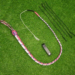 3ft Lead Ball Snake Whip – 12 Plaits, White & Pink Genuine Leather, Bullwhip Style with Extra Crackers, Leather Waist Holder Accessories