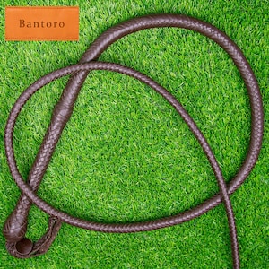 May include: A brown leather whip with a braided design, lying on a green surface. The word "Bantoro" is printed on a brown rectangular label in the upper left corner.