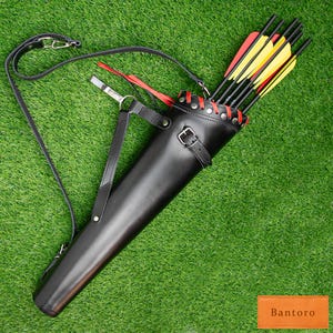 Handmade Black Leather Archery Quiver: Dual Carry Arrow Holder