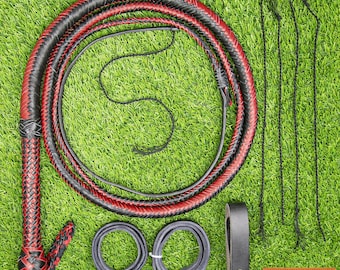 Handmade Kangaroo Leather Bullwhip: 16 Plaits, Black & Red, 4-24 ft