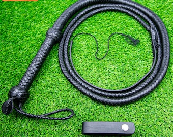 Black Leather Bullwhip | 12 Plait Braided Cowhide, Equestrian Whip