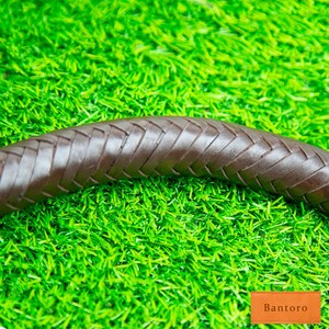 May include: Close-up of a brown leather braided strap. The strap is curved and appears to be made of interwoven strips of leather. The background is a bright green, artificial grass.