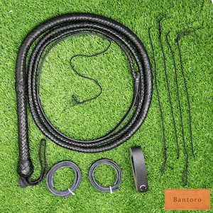 Premium 16-Plait Kangaroo Leather Bullwhip Black– Loud Cracking, Heavy Duty Braided Leather for Horse Riding & Equestrian Use 4-24ft