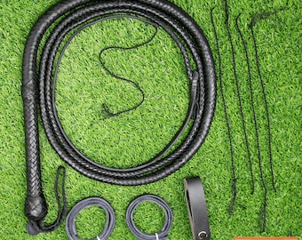 Premium 16-Plait Kangaroo Leather Bullwhip Black– Loud Cracking, Heavy Duty Braided Leather for Horse Riding & Equestrian Use 4-24ft