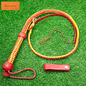 Rindsleder Bullwhip 4 ft (1,2 m) 12 Zöpfe Geflochtene Laut Knackende Reiterpeitsche Gelb und Rot Langlebig, flexibel, handgefertigte Trainingspeitsche