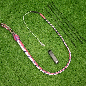 12 Plaits 3ft Lead Ball Snake Whip –  Pink and White Genuine Leather, Bullwhip Style with Extra Crackers, Leather Waist Holder Accessories