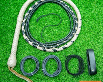 Handmade Kangaroo Leather Bullwhip – 16-Plait Cream & Black, Equestrian Whip