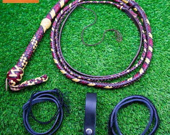 Látigo de cuero de canguro hecho a mano: látigo de 16 trenzas con crujido fuerte y mango de acero.