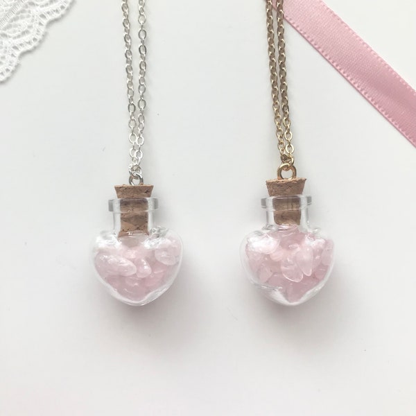 love spell ⊹ coquette dollette lovecore rose quartz heart bottle charm necklace