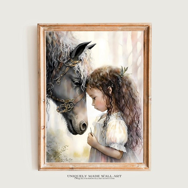 Little Girl And Her Horse Print / Summer Art Print / Friendship Print / Digital Art / Horse Art / Girls Room Decor / Girl Nursery Wall Art