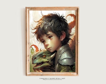 Dragon Digital Art / Mystical Décor for Fantasy Nursery / Young Boy With Baby Dragon Print / Mystical Dragon Decor / Fantasy Art / Dragon