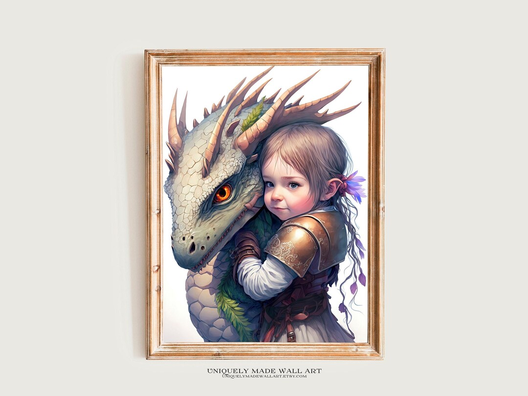 Dragon Digital Art / Mystical Décor for Fantasy Nursery / Cute Elf Girl ...