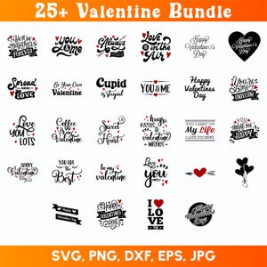 25 バレンタインデー SVG バンドル、ロマンチックな愛のクリップアート、かわいいハートとカップルのデザイン、Cricut および昇華用のデジタル ダウンロード