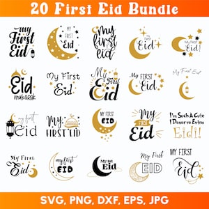 Pu&ograve; includere: Un set di 20 file di taglio digitale in nero e oro che presentano vari design con il testo "My First Eid" e varianti. I design includono lune crescenti, stelle, lanterne e moschee. I file sono disponibili nei formati SVG, PNG, DXF, EPS e JPG.