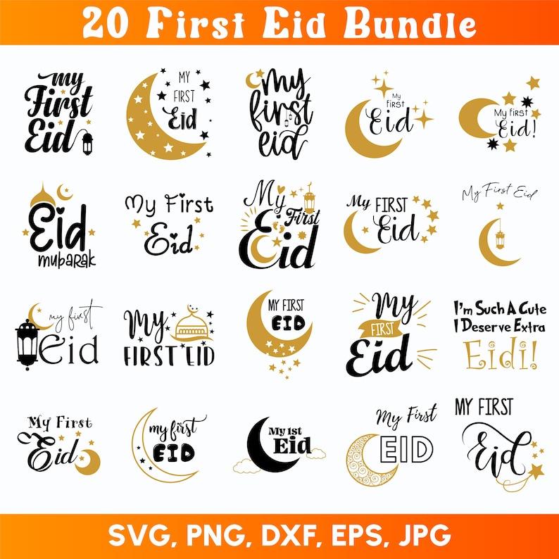 Pu&ograve; includere: Un set di 20 file di taglio digitale in nero e oro che presentano vari design con il testo "My First Eid" e varianti. I design includono lune crescenti, stelle, lanterne e moschee. I file sono disponibili nei formati SVG, PNG, DXF, EPS e JPG.