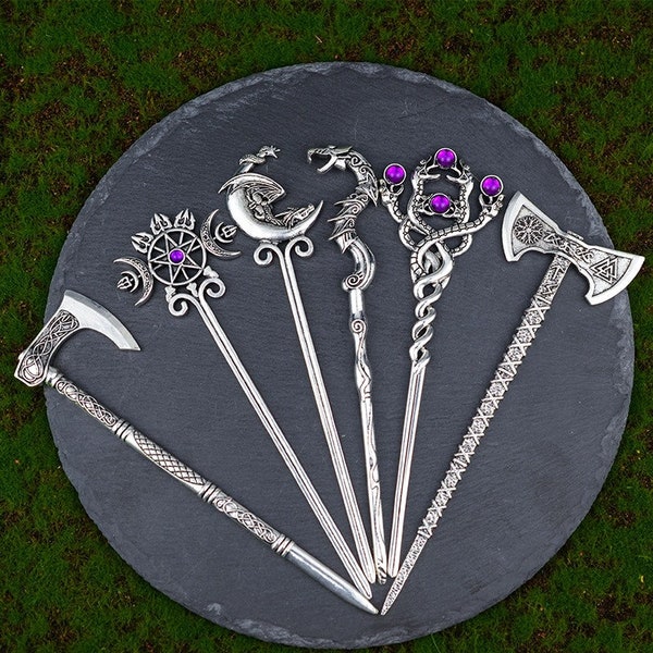 Witch Dragon Hair Pin Silver Axe Sword Hair Accessories Wiccan Gothic Snake Triple Moon Pentagram Hairpin Hair Stick