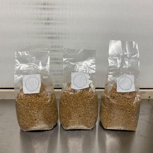 May include: Three transparent plastic bags filled with a tan granular material. Each bag features a white circular label and is sealed at the top. The bags are arranged on a stainless steel surface.