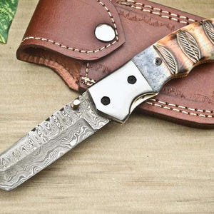 Handmade Damascus Blade Folding Knife with Camel Bone Handle
