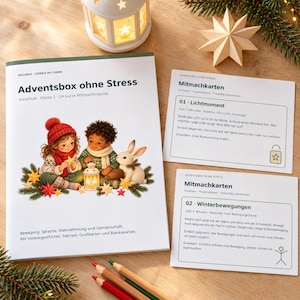 May include: A white activity book titled Adventsbox ohne Stress with an illustration of two children and a rabbit, accompanied by two white activity cards labelled Mitmachkarten 01 Lichtmoment and 02 Winterbewegungen, plus three coloured pencils.