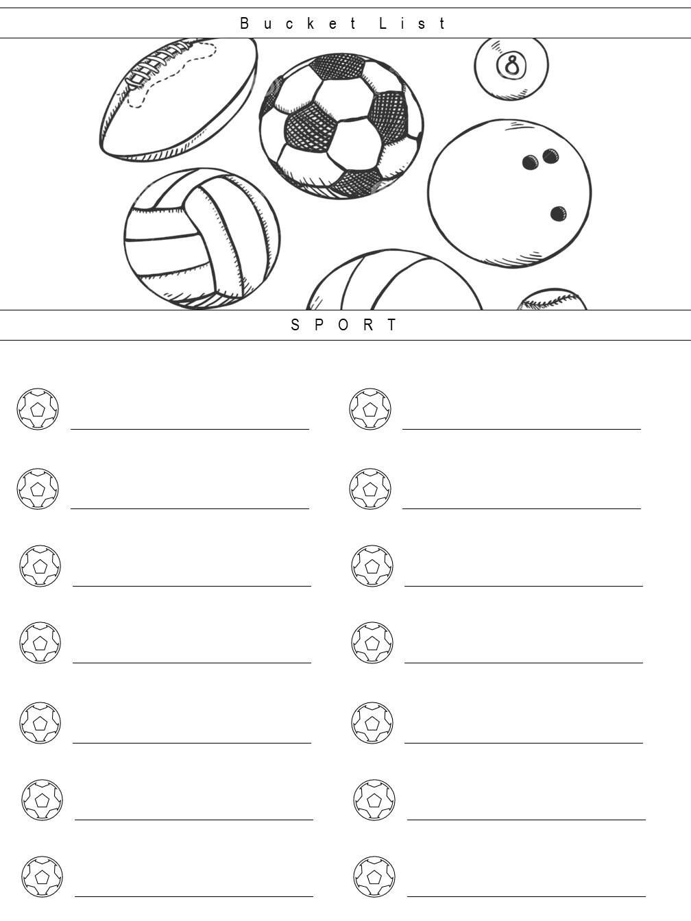 Sport Printable Bucket List, Check List, Life Goals Planner, Journal, to Do List Plan, Printable