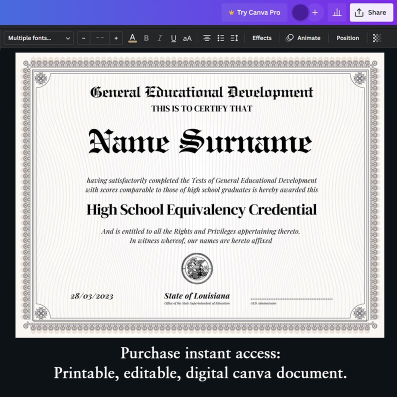 GED Diploma Editable High School Diploma College Diploma Fake GED
