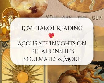 May include: A collage of tarot-themed images with a central white rectangle. The rectangle contains the text "LOVE TAROT READING" above a red heart icon, followed by "ACCURATE INSIGHTS ON RELATIONSHIPS SOULMATES & MORE."