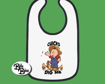 By Bannister Baby Bib CHICKS DIG ME Cartoon Design Baby Contrast Trim Jersey Baby Bib Trim colors, Black, Red, Pink, Light Blue & Blue