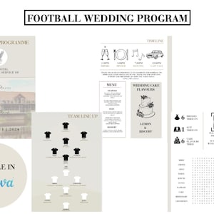 フットボールの試合日の結婚式プログラム テンプレート、編集可能な結婚式のフットボール プログラム、結婚式のテンプレート