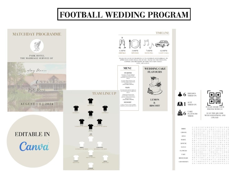 May include: A printable wedding program with a football theme. The program includes a timeline, menu, wedding cake flavors, and a team line-up. The program is editable in Canva.