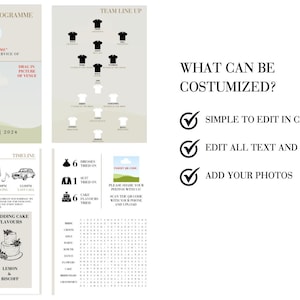 May include: A wedding program template with a football theme. The template includes a timeline, menu, wedding cake flavors, and a team line-up. The text on the template is customizable and can be edited in Canva. The template also includes a place to add photos.