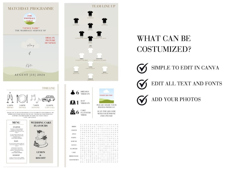 May include: A wedding program template with a football theme. The template includes a timeline, menu, wedding cake flavors, and a team line-up. The text on the template is customizable and can be edited in Canva. The template also includes a place to add photos.