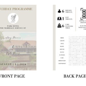 May include: A wedding program with a front page featuring a photo of a building and a back page with a wedding-themed word search and a QR code. The front page has the text "Matchday Programme", "Park Hotel", "The Marriage Service of", "Amy Marie & Kyle Mast", and "August 1 | 2024". The back page has the text "Please share your photos with us!" and "Scan the QR code with your phone and upload".