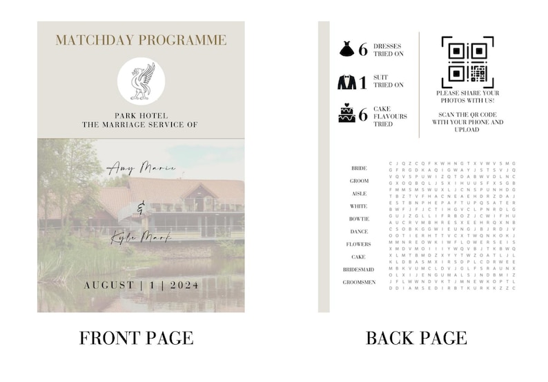 May include: A wedding program with a front page featuring a photo of a building and a back page with a wedding-themed word search and a QR code. The front page has the text "Matchday Programme", "Park Hotel", "The Marriage Service of", "Amy Marie & Kyle Mast", and "August 1 | 2024". The back page has the text "Please share your photos with us!" and "Scan the QR code with your phone and upload".