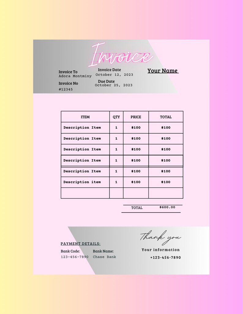 Invoice In Cursive Sales Invoice Template, DIY Invoice Template Design, Beauty Business ...