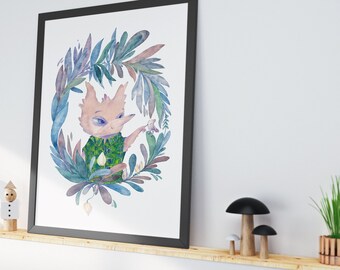 Nursery giclée print Little Wolf with floral motif
