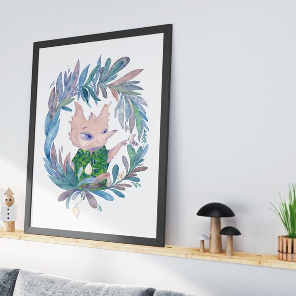 Nursery giclée print Little Wolf with floral motif