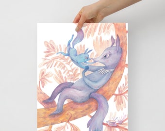 Mama and her Baby Fantasy creatures Drinking tea on the tree Giclée nursery Poster