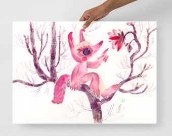 Fairytale Animal on the Pink Flower Tree giclee gift poster for kids room and nursery