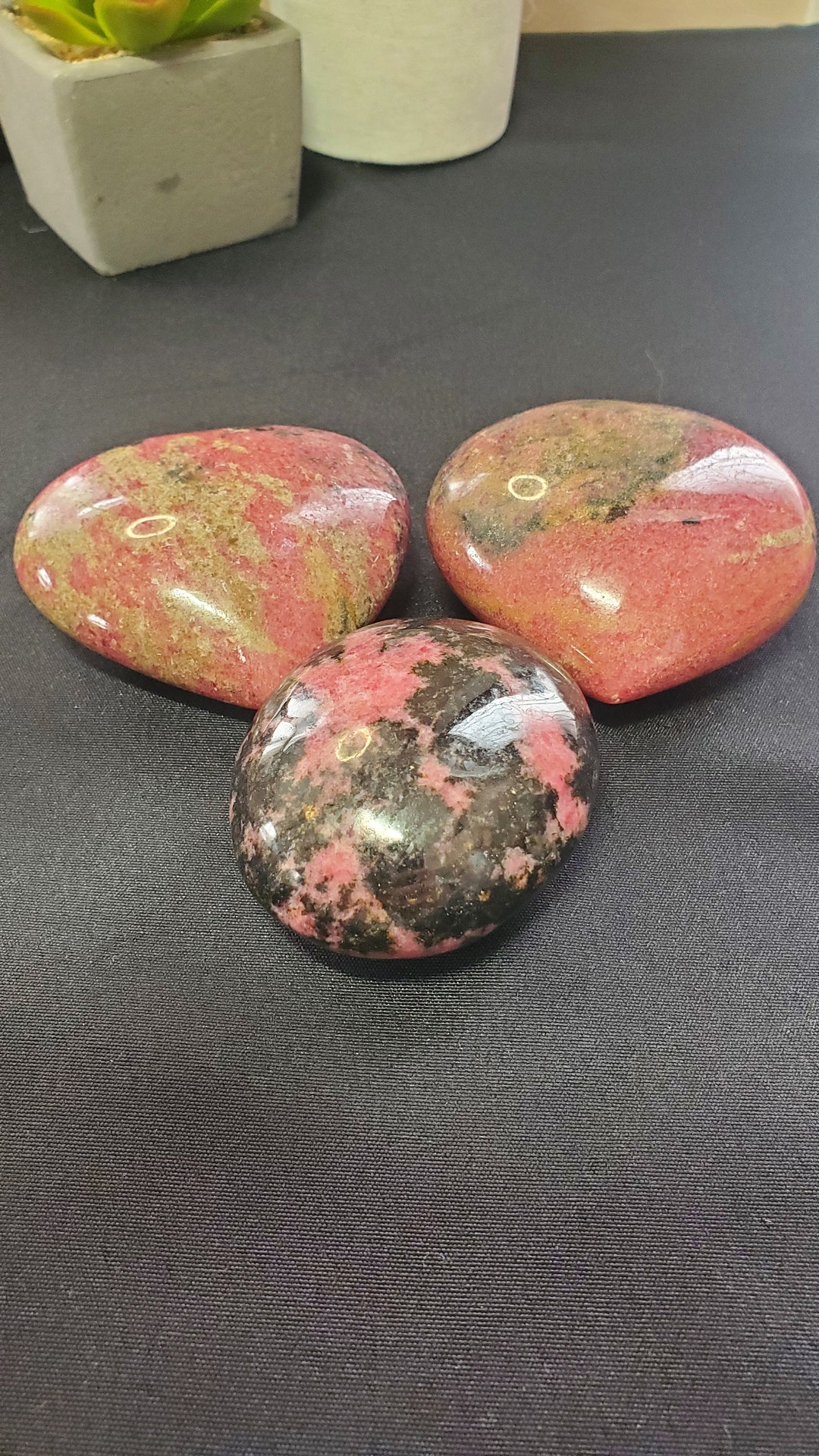 A Stunning Rhodonite Crystal Collection Set- 2 Hearts and 1 Palm Stone ...