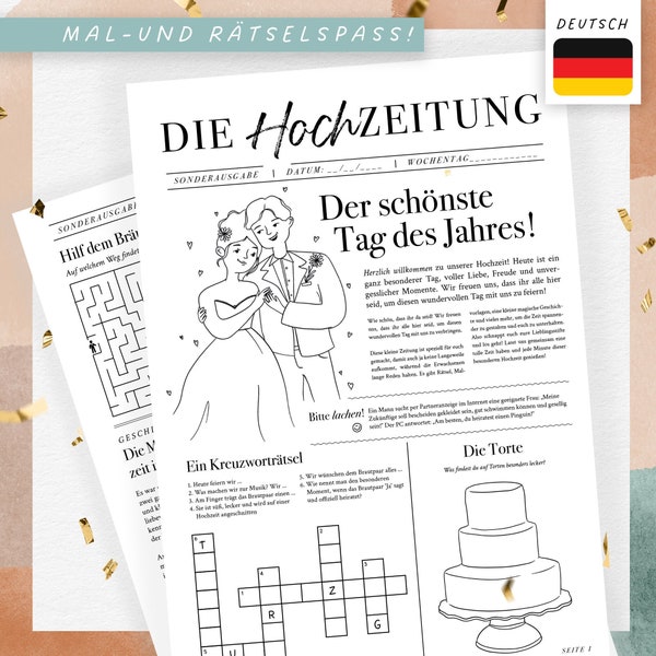 Kinder Hochzeitszeitung inkl Mal-& Rätselspass | Kinderbeschäftigung auf Hochzeit | Druckbar A4 PDF