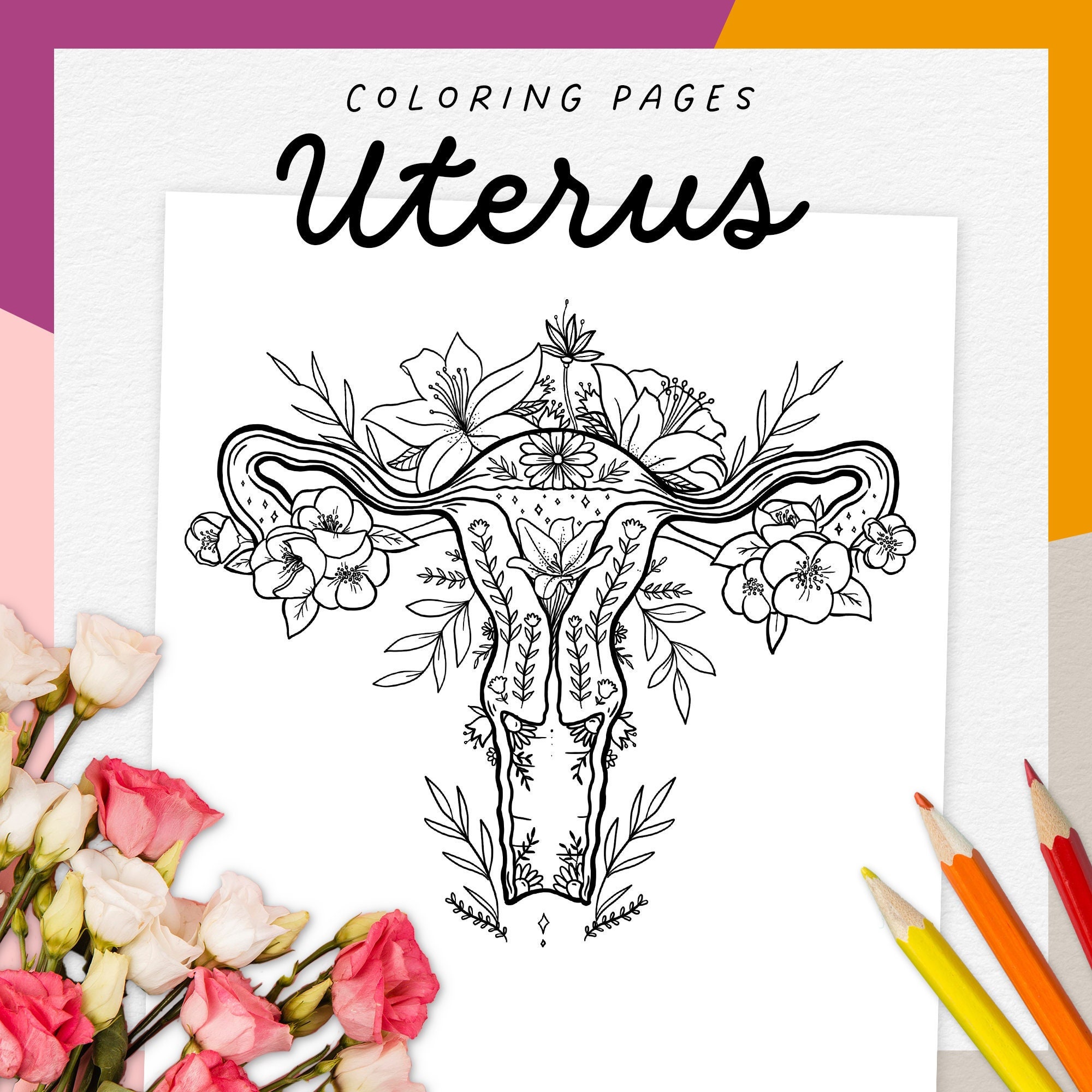 Uterus Coloring Pages For Adults | Ausmalbild für Hebamme oder Kinderwunsch, IVF, Infertility Coloring Pages