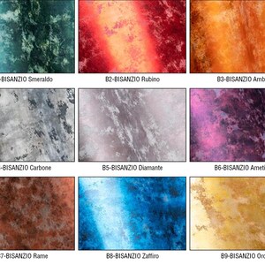 K&ouml;nnte beinhalten: Neun verschiedene Farbmuster der dekorativen Bisanzio-Farbe. Die Farben sind: Smeraldo, Rubino, Ambra, Carbone, Diamante, Ametista, Rame, Zaffiro und Oro.