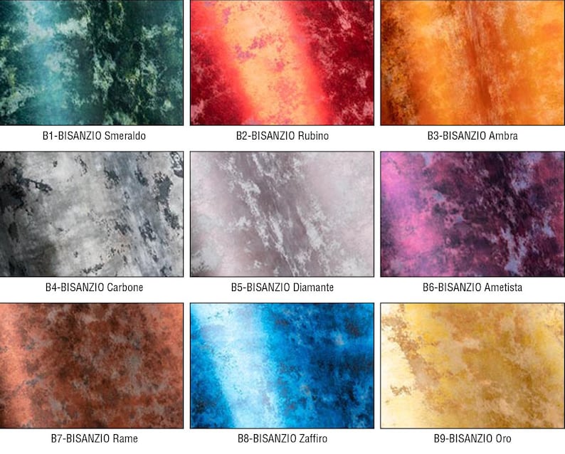 K&ouml;nnte beinhalten: Neun verschiedene Farbmuster der dekorativen Bisanzio-Farbe. Die Farben sind: Smeraldo, Rubino, Ambra, Carbone, Diamante, Ametista, Rame, Zaffiro und Oro.