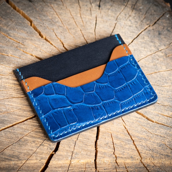 Alligator Embossed Leather Card Holder Wallet Full Grain Minimalist Card Design and Currency Holder Personalized