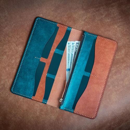 Long portefeuille fait main : fabriqué à partir de cuir italien Bisanzio et Pueblo, un camionneur fonctionnel / pochette pochette, espèces, porte-cartes de crédit