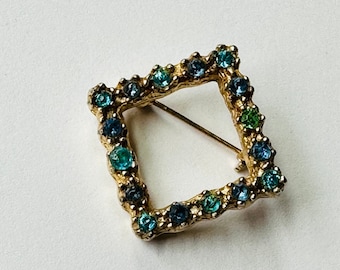 Small Square Blue Rhinestone Vintage Brooch Pin circa 1960s